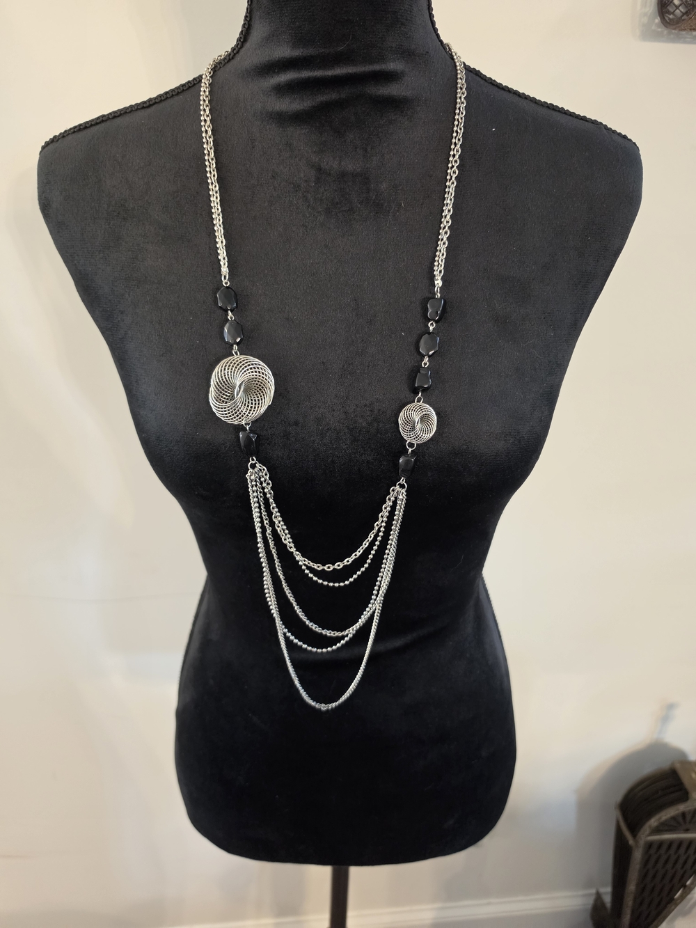Silver and Black Multi-Chain Pendant Necklace